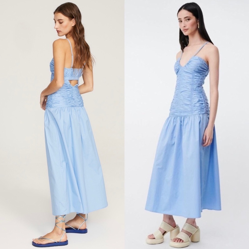 Suboo Blue Cotton Smocked Bodice Sleeveless Back Cutout Drop Waist Midi Dress Xs — image 2 of 8